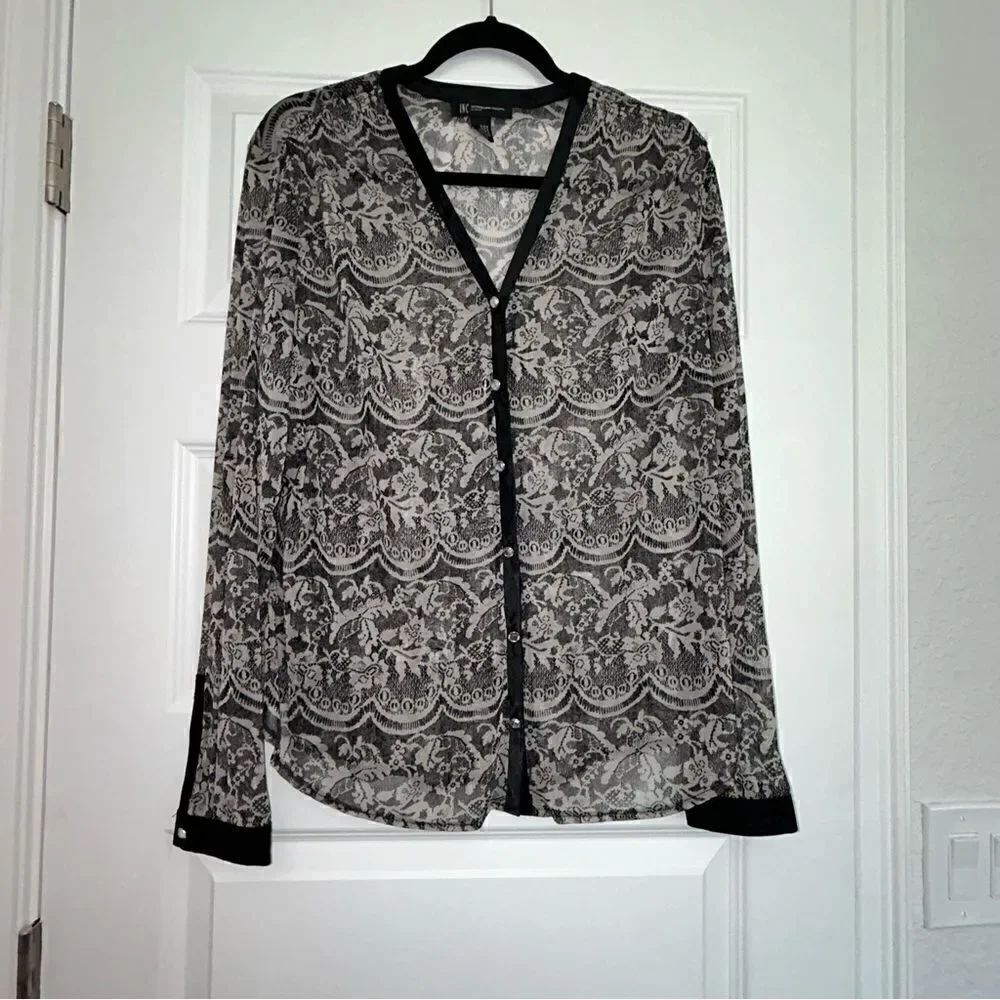 INC International Concepts Sheer Lace Look Button Front Blouse Shirt Top